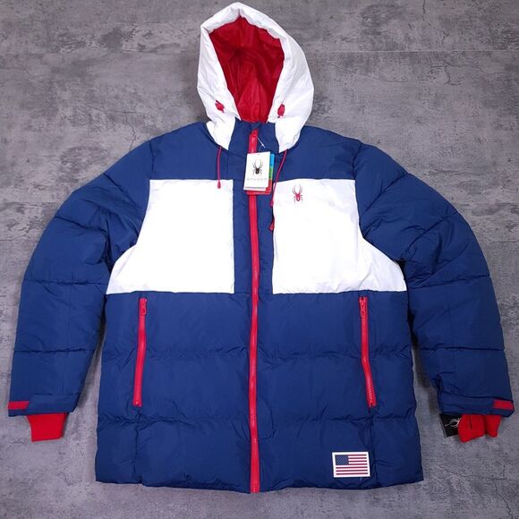 SPYDER 2022 USA Ski Team Puffer Hooded Jacket Mens LARGE Camo Blue - Main Image